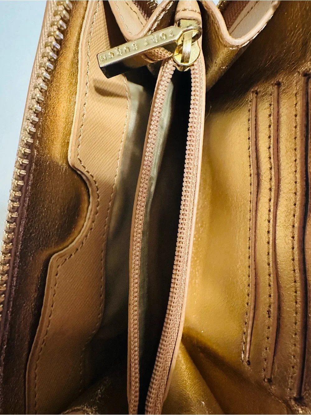 Tory Burch Beige Saffiano Leather Zip Card Holder